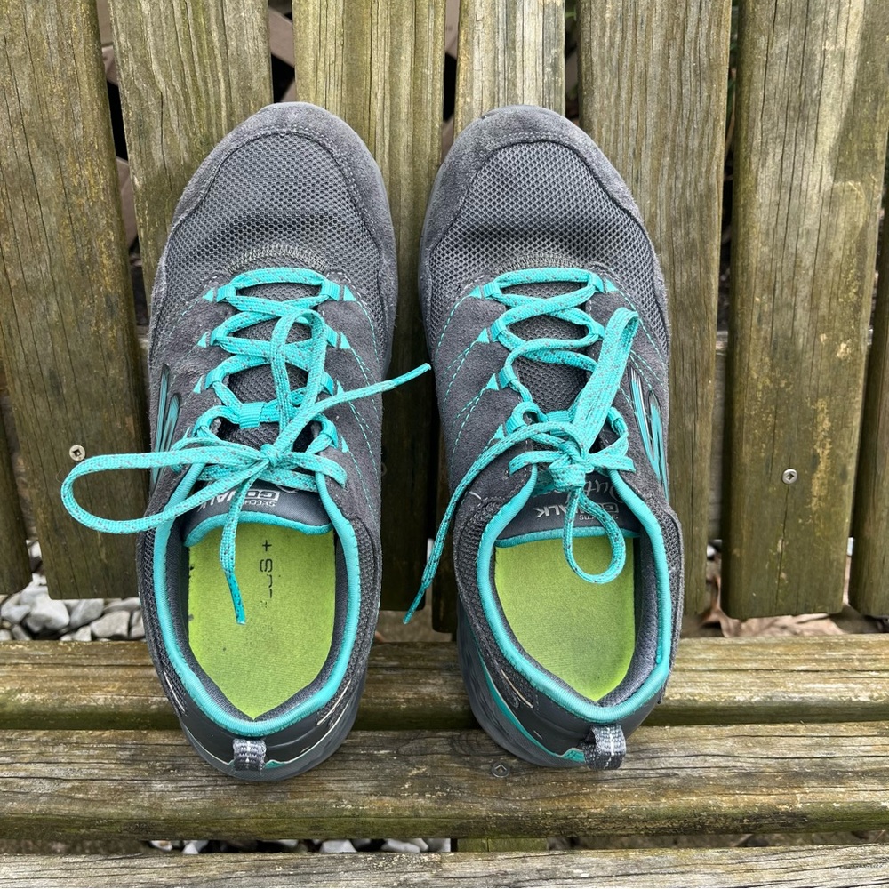 Skechers Go Walk Outdoors walking running training sneakers - gray w blue laces